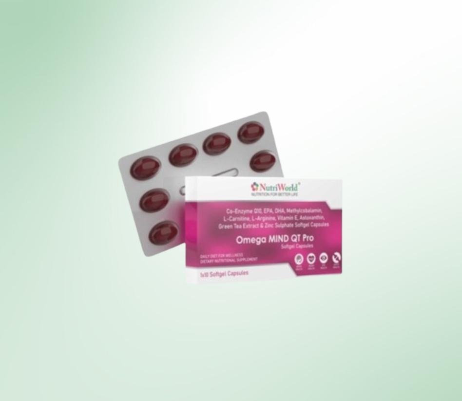 Omega Mind QT Pro – Complete Health Support  A premium blend of Omega-3, CoQ10, Amino Acids, Zinc, Green Tea Extract, Vitamin E, and B12 to boost energy, brain function, heart health, and vitality. Take one soft gel daily for enhanced stamina, focus, and overall wellness.