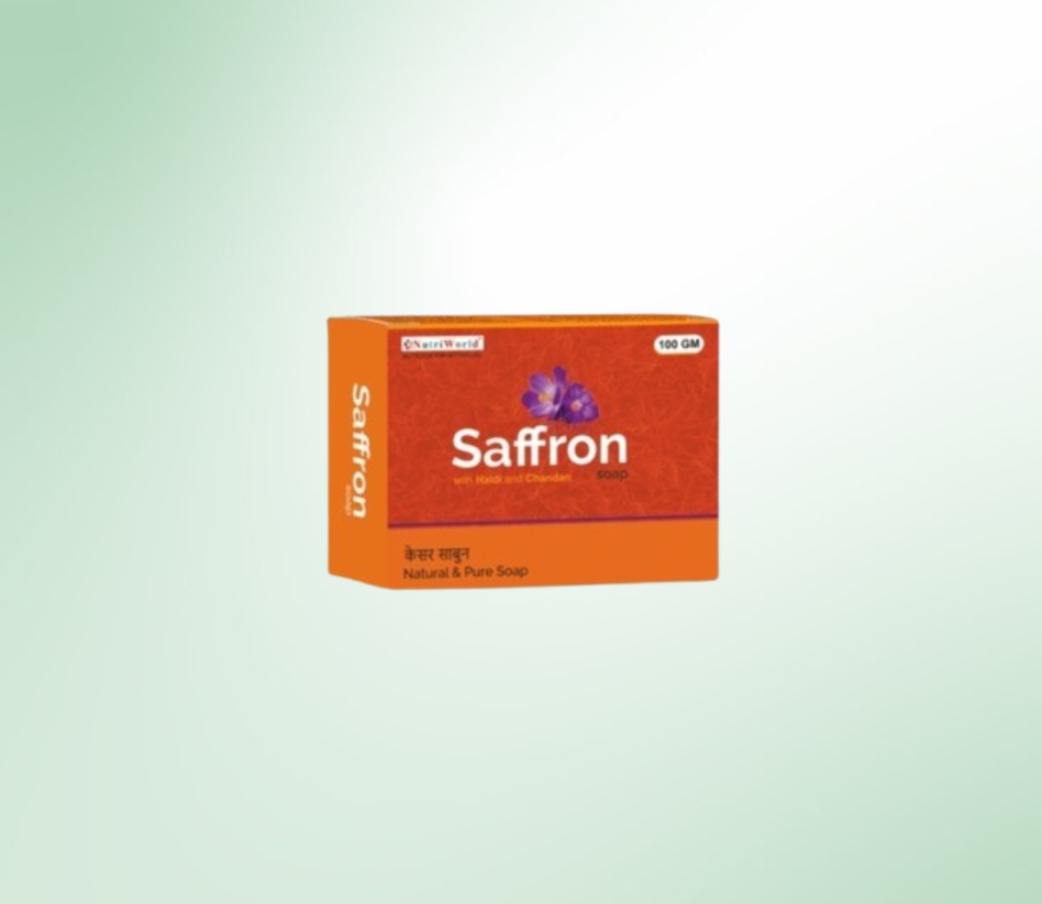 **NutriWorld Saffron Soap – Glow & Nourishment**    Enriched with saffron, turmeric, and sandalwood, NutriWorld Saffron Soap brightens skin, reduces pigmentation, and deeply hydrates. Its natural ingredients cleanse, protect, and enhance skin texture for a radiant, youthful glow. Gentle and suitable for all skin types—experience the magic of nature every day!