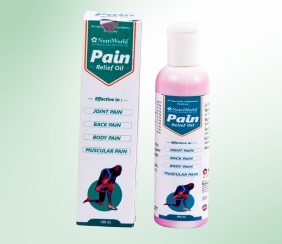 NutriWorld Pain Relief Oil – Ayurvedic Solution for Lasting Pain Relief :    NutriWorld Pain Relief Oil is a natural blend of Ayurvedic herbs and castor oil, specially formulated to relieve joint pain, muscle stiffness, swelling, and sprains. It effectively soothes back, neck, and shoulder pain while improving circulation, making it beneficial for paralysis patients. This fast-absorbing oil provides deep nourishment, reduces inflammation, and promotes mobility. Free from harmful chemicals, it is safe for regular use. Choose NutriWorld Pain Relief Oil for a natural, effective, and long-lasting solution to body pain and discomfort.