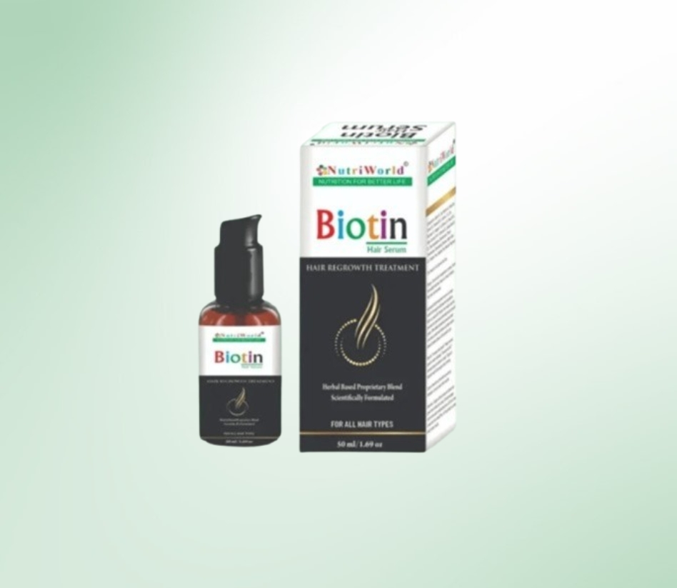 NutriWorld Biotin Hair Serum – Strengthen, Nourish, and Revitalize Your Hair : NutriWorld Biotin Hair Serum is a premium blend of biotin, essential vitamins, and natural oils designed to promote hair growth, reduce hair fall, and improve texture. Infused with Aloe Vera, Green Tea, Soy Protein, and Vitamin B5, it deeply nourishes the scalp, repairs damage, and adds shine. Regular use prevents thinning, split ends, and premature graying, leaving hair stronger, thicker, and more vibrant. Apply daily for best results and experience healthier, revitalized hair!