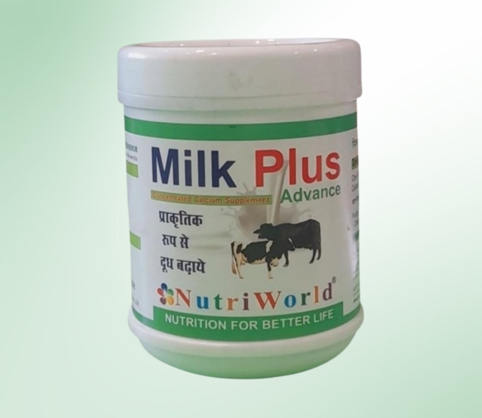 <p>This product is specially designed to increase milk production in animals. It contains high-quality concentrated calcium along with Vitamin D and Vitamin A.</p>     <p>Besides boosting milk yield, it improves overall animal health and prevents calcium and vitamin deficiencies. Milk Plus Advance makes milk thicker and enhances fat content, ensuring superior milk quality.</p>     <p>Dosage: Mix 15-25 grams daily in fodder, bran, or jaggery for best results. A scoop is provided inside the pack for accurate measurement.</p>