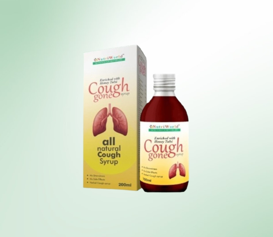 <h4>NutriWorld Cough Gone Syrup</h4>     <p><strong>Natural Relief for Cough and Throat Irritation</strong></p>     <p>NutriWorld Cough Gone Syrup is an Ayurvedic formulation designed to provide effective relief from cough and throat irritation. Enriched with 20 powerful herbs, it helps soothe the throat, clear airways, and support respiratory health.</p>     <p><strong>Key Benefits:</strong> Relieves cough, soothes throat irritation, clears lung airways, and strengthens immunity.</p>     <p><strong>Powerful Ingredients:</strong> A blend of <strong>natural herbs</strong> known for their healing and immune-boosting properties.</p>     <p><strong>Safe and Effective:</strong> A trusted Ayurvedic remedy with no harmful side effects, suitable for long-term use.</p>     <p><strong>Experience Soothing Relief with NutriWorld Cough Gone Syrup!</strong></p>