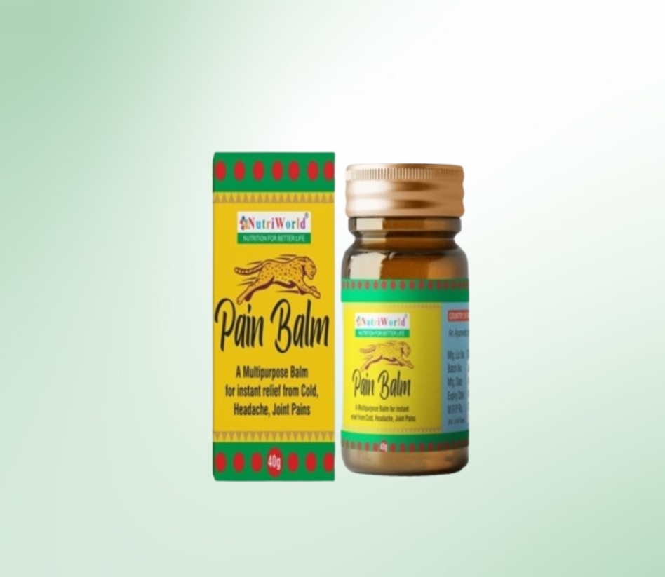 NutriWorld Pain Balm – Your Multi-Purpose Pain Relief Solution:    NutriWorld Pain Balm is a fast-acting remedy for headaches, back and neck pain, sprains, injuries, insect bites, and cold congestion. Its unique formulation provides quick relief from pain and discomfort, making it a must-have for every household. Whether massaged on sore areas, applied for congestion relief, or used for insect bites, this versatile balm ensures soothing comfort. Safe, easy to use, and effective for all age groups, NutriWorld Pain Balm is the perfect natural solution for everyday aches and pains.