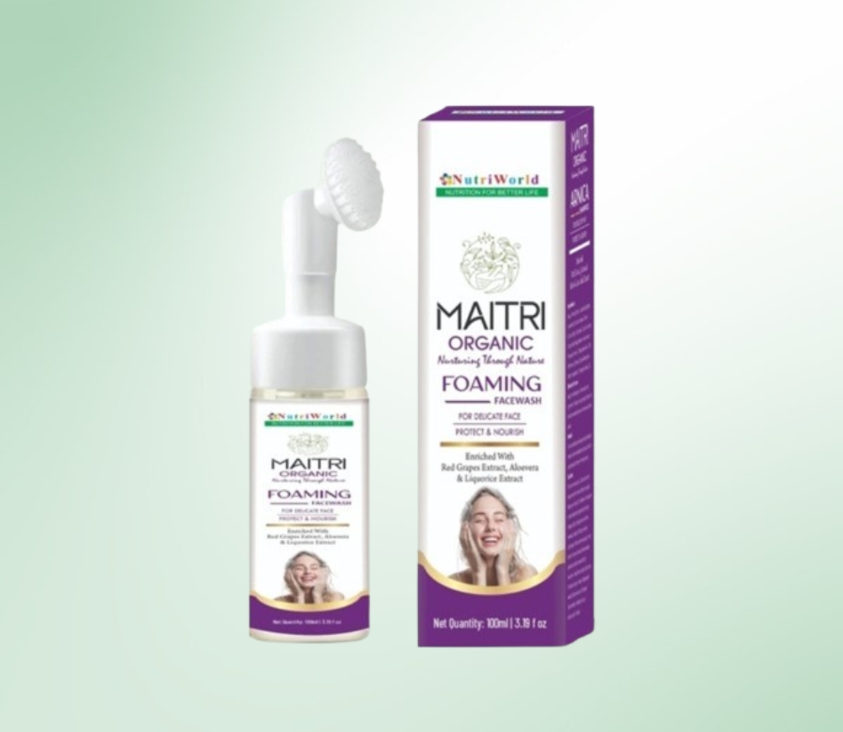 Maitri Foaming Face Wash – Deep Cleanse & Brighten Your Skin :    Maitri Foaming Face Wash by NutriWorld is a refreshing and effective cleanser enriched with Aloe Vera, Red Grape Extract, Orange Extract, Licorice, Green Tea Tree Oil, Glutathione, Kojic Acid, and Sulfate. This gentle yet powerful formulation deeply cleanses, removes impurities, and controls excess oil while maintaining the skin’s natural moisture balance. It brightens the complexion, reduces dark spots, and promotes a youthful glow. Suitable for all skin types, Maitri Foaming Face Wash ensures a fresh, radiant, and nourished look with every wash. Try it today for healthier, glowing skin!