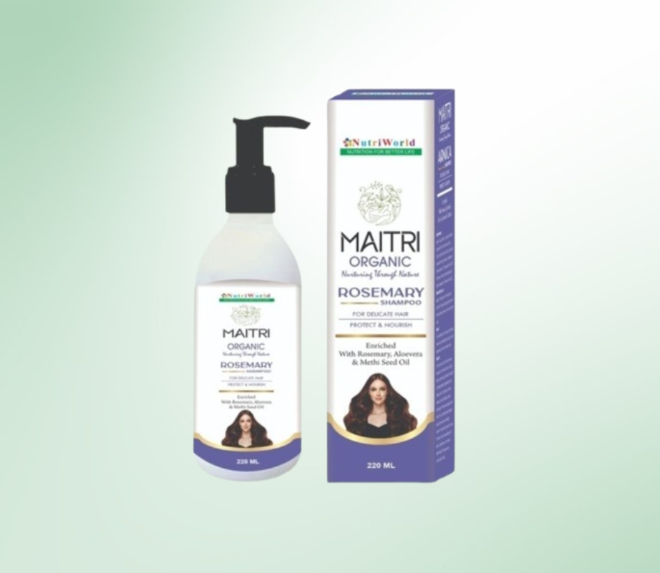 Maitri Rosemary Shampoo – Nourish & Strengthen Your Hair :    Maitri Rosemary Shampoo by NutriWorld is a powerful blend of Rosemary Oil, Fenugreek Seed Oil, Aloe Vera, Wheat Germ Oil, and Sulfates, designed to deeply cleanse, strengthen, and rejuvenate your hair. Rosemary Oil promotes healthy hair growth, Fenugreek Seed Oil moisturizes and repairs, Aloe Vera soothes the scalp, and Wheat Germ Oil hydrates and protects against breakage. Its mild yet effective formulation makes it suitable for all hair types, providing a refreshing cleanse while maintaining scalp health. Experience softer, shinier, and healthier hair with every wash!