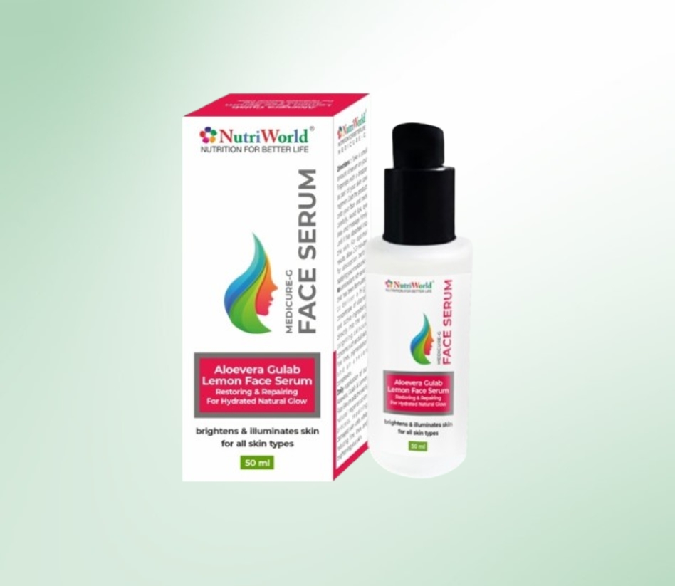 Nutriworld Herbal Face Serum – Glow Naturally!    Infused with Aloe Vera, Rose, Lemon, Niacinamide, and Vitamin E, this lightweight serum nourishes, hydrates, and brightens your skin. It improves skin tone, reduces wrinkles, soothes irritation, and protects against sun damage.    **Get radiant, youthful skin with daily use!