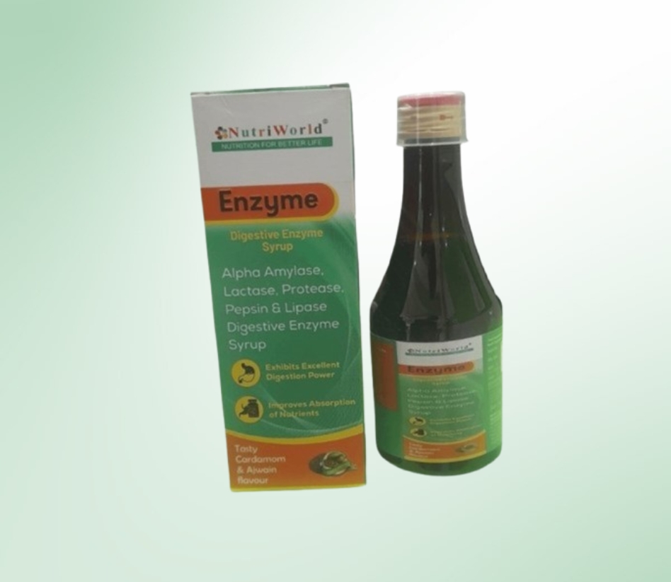 <h3>NutriWorld Enzyme Syrup</h3>     <p>NutriWorld Enzyme Syrup is a powerful digestive aid that helps break down carbohydrates, proteins, and fats for better nutrient absorption. It supports digestion, reduces discomfort from lactose intolerance, and enhances overall gut health.</p>