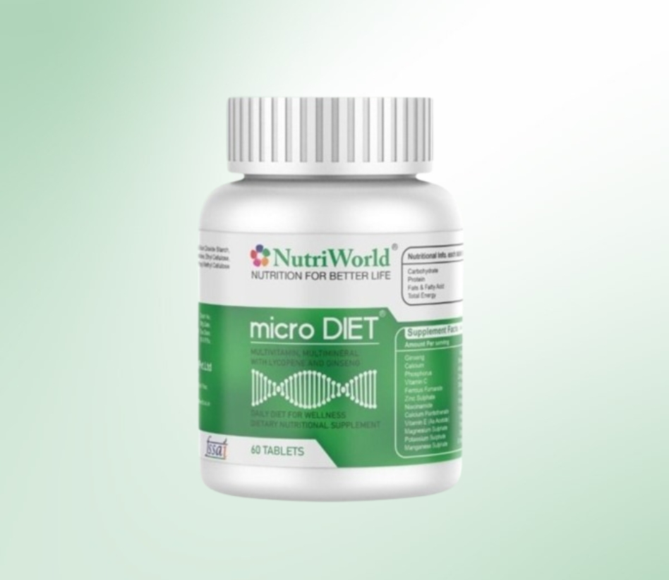 Micro Diet is combination of Gingseng (Ancient Chinese Herb which has been used from Thousands of years for Endurance) Lycopene (A Powerful anti oxidant which found in red color vegetables and fruits) and essential micronutrient (Vitamins and minerals) for human beings