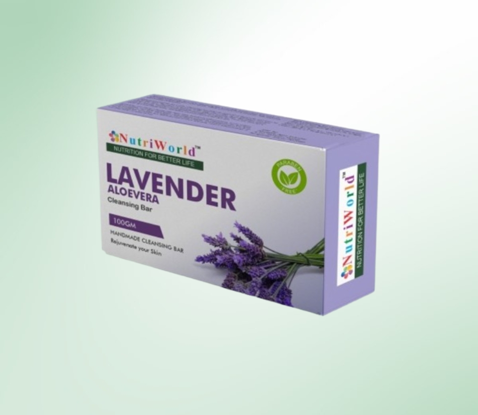 NutriWorld Lavender Soap – Gentle & Hydrating : Enriched with lavender oil and aloe vera, this soap soothes, hydrates, and protects your skin. Its pH-balanced formula prevents dryness, irritation, and promotes a healthy glow. Perfect for daily use!