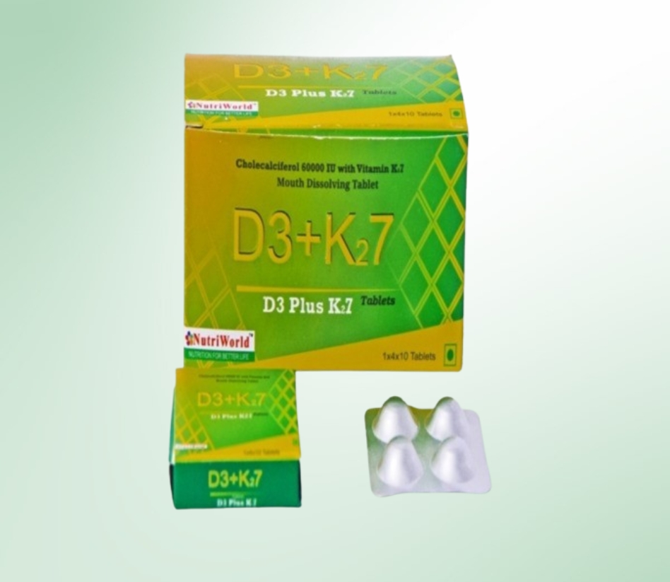 <h2>NutriWorld D+3 K2 – Essential Support for Bone & Hormonal Health</h2> <p><strong>NutriWorld D+3 K2</strong> is packed with <strong>Vitamin D3 (60000 IU)</strong> and <strong>Vitamin K2 (500 mcg)</strong>, crucial for maintaining <strong>bone strength, muscle function, and overall health</strong>.</p>  <p><strong>Vitamin D3 (60000 IU)</strong> enhances the absorption of essential minerals like <strong>calcium, magnesium, and phosphorus</strong>. Deficiency can lead to <strong>bone weakness, heart diseases, diabetes, and immune disorders</strong>.</p>  <p>Beyond being a vitamin, <strong>Vitamin D3 acts as a hormone</strong>, supporting <strong>testosterone production in men</strong> and <strong>estrogen & progesterone balance in women</strong>. It also strengthens <strong>immunity</strong>, helping the body fight infections.</p>  <p><strong>Vitamin K2 (500 mcg)</strong> is vital for <strong>blood clotting and bone health</strong>, making it the perfect complement to Vitamin D3.</p>  <p>Studies show that <strong>Vitamin D deficiency worsened COVID-19 symptoms</strong>, emphasizing its importance in boosting immunity.</p>  <p><strong>Dosage:</strong> Take <strong>one tablet per week</strong> by dissolving it in your mouth to maintain optimal vitamin levels, strengthen bones, and improve overall well-being.</p>