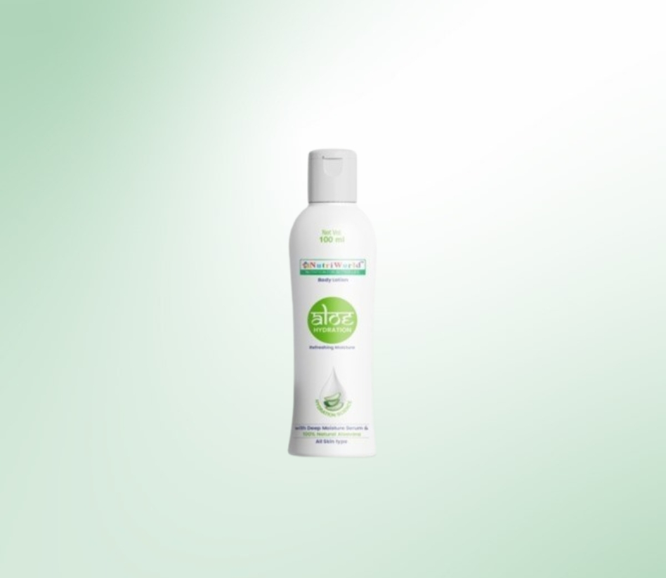 NutriWorld Herbal Body Lotion :   Enriched with Aloe Vera, Neem, Ashwagandha, and Honey, this Ayurvedic lotion deeply hydrates, nourishes, and protects your skin, keeping it soft and glowing naturally.