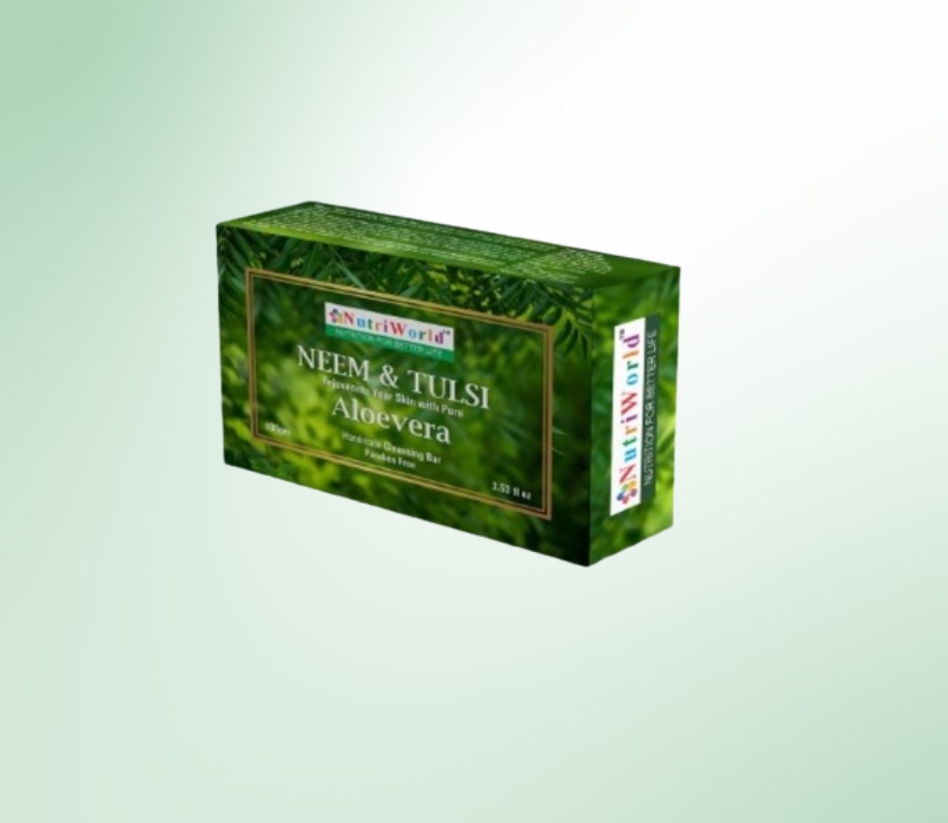 Neem Aloe Vera Soap :  Enriched with Aloe Vera, Tulsi, and Neem, this soap deeply cleanses, hydrates, and protects the skin. It prevents acne, maintains moisture balance, and leaves your skin soft, fresh, and glowing.