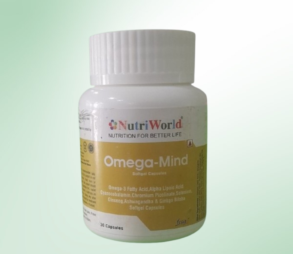 NutriWorld Omega Mind 30 Soft Gel – Boost Brain & Overall Health  A powerful blend of Omega-3, Ginkgo Biloba, and Ginseng to enhance memory, focus, and energy while supporting heart and joint health. Take one soft gel daily for improved mental clarity and overall well-being.