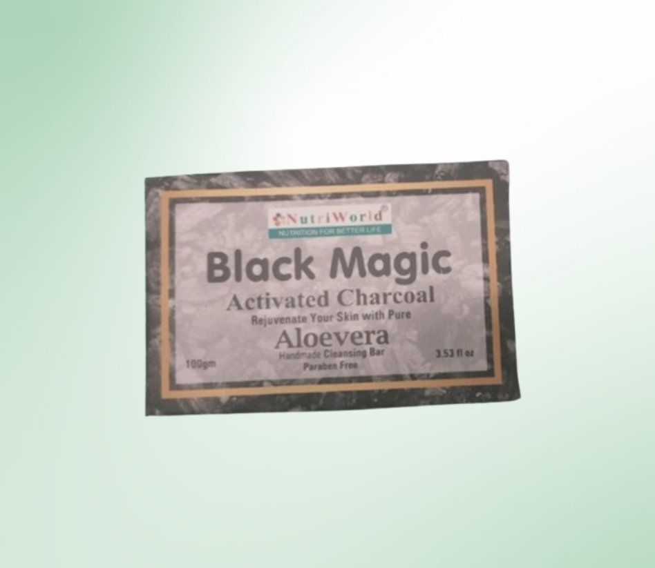 NutriWorld Black Magic Soap – Deep Cleansing & Detox :  Powered by activated charcoal, Black Magic Soap removes toxins, unclogs pores, and balances skin oils. It protects against pollution, gently exfoliates, and keeps your skin clear and refreshed. Suitable for all skin types, it ensures a smooth, radiant complexion with daily use!